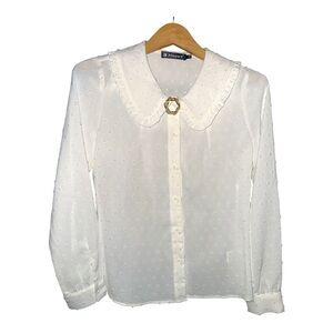 Allegra K White Swiss Dot Peter Pan Collar Blouse S Romantic Boho With Brooch